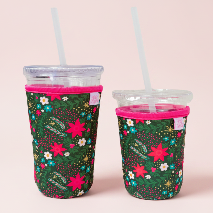 Coffee Cup Cover - Holiday Poinsettia Print- Iced Drink Sleeve
