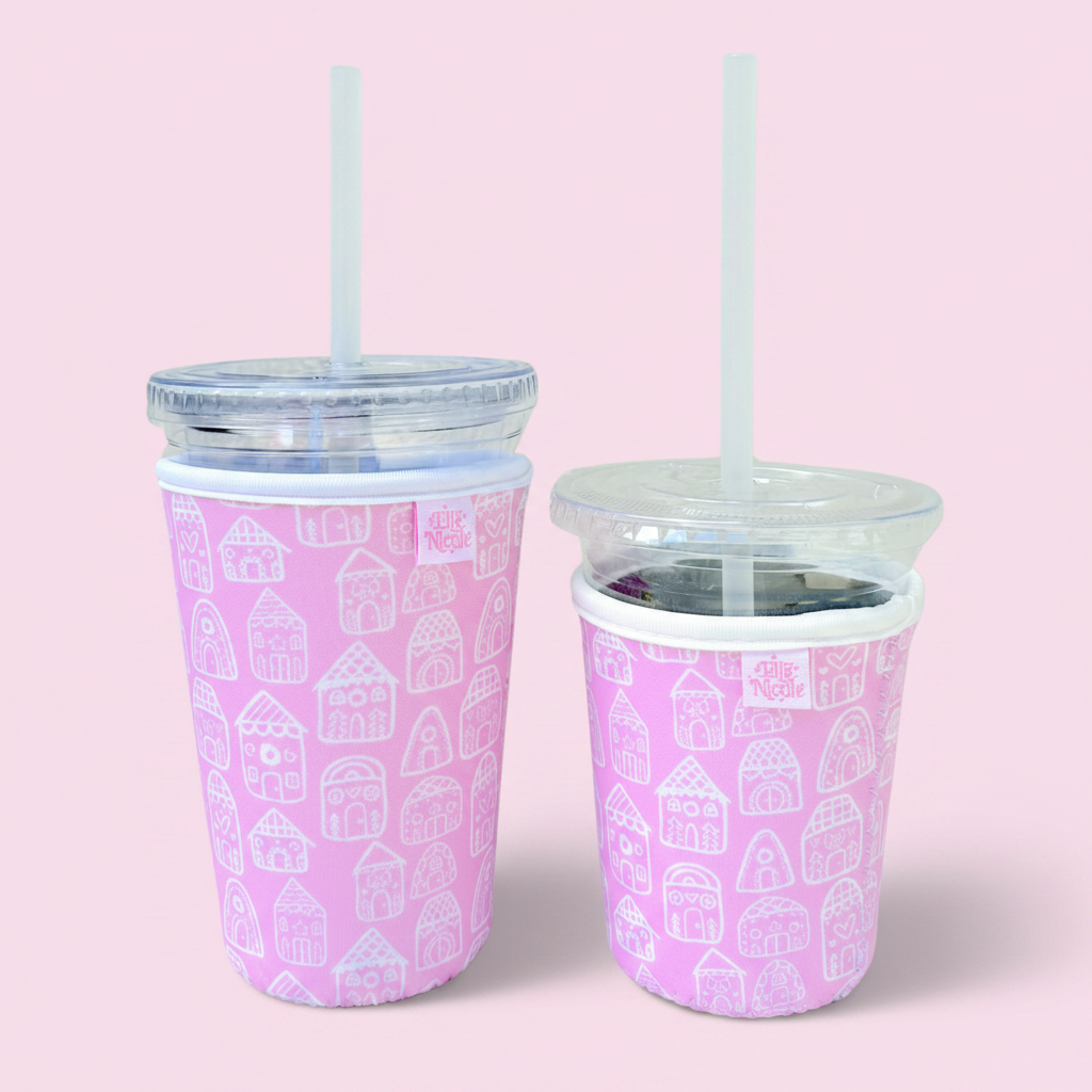 Coffee Cup Cover - Pink Gingerbread Houses - Iced Drink Sleeve