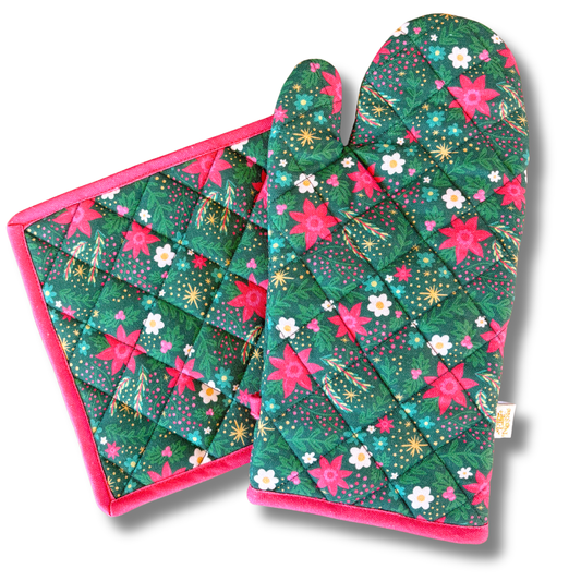 Oven Mitt + Pot holder Set - Holiday Poinsettia Print