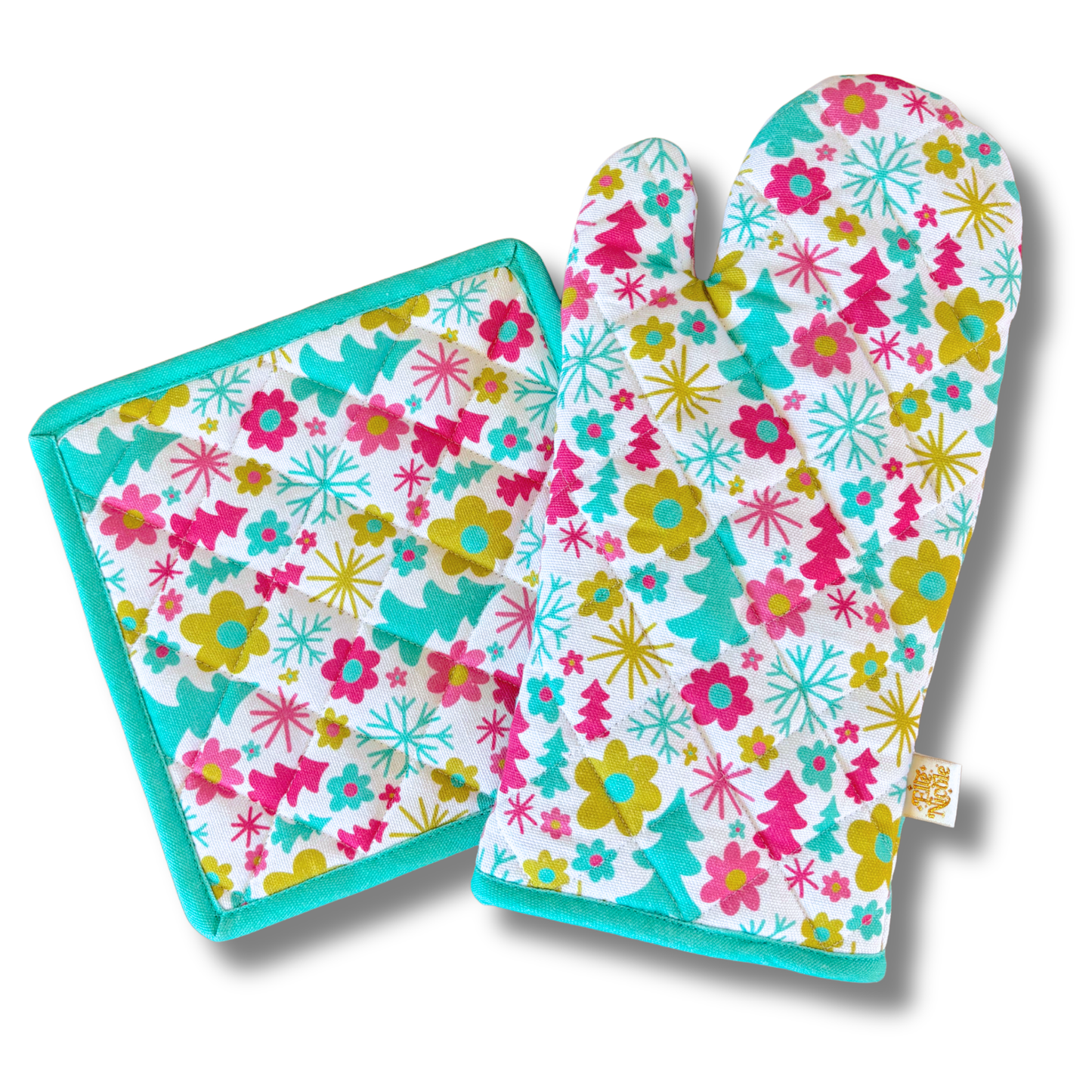 Oven Mitt + Pot holder Set - 1960s Christmas