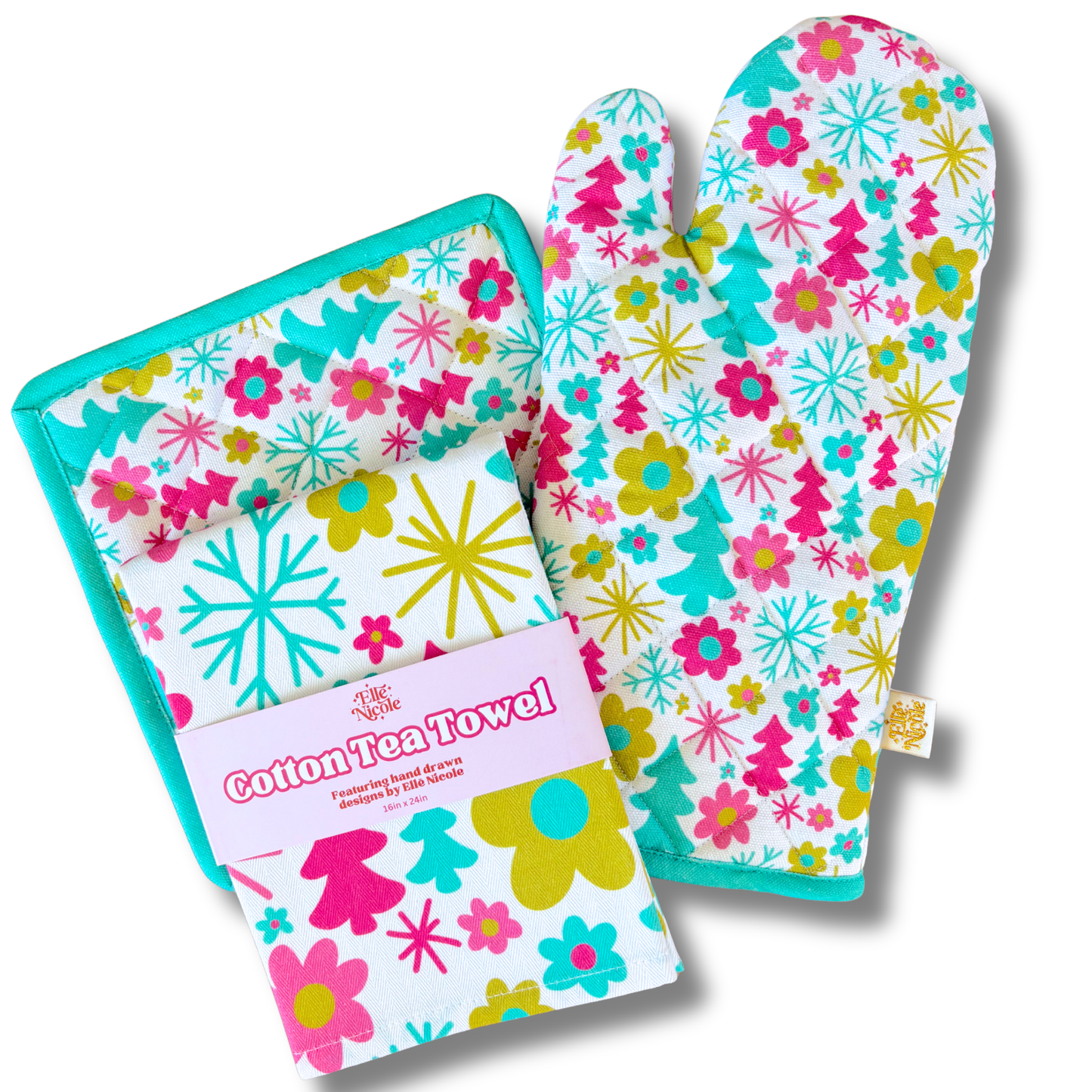 Oven Mitt + Pot holder Set - 1960s Christmas