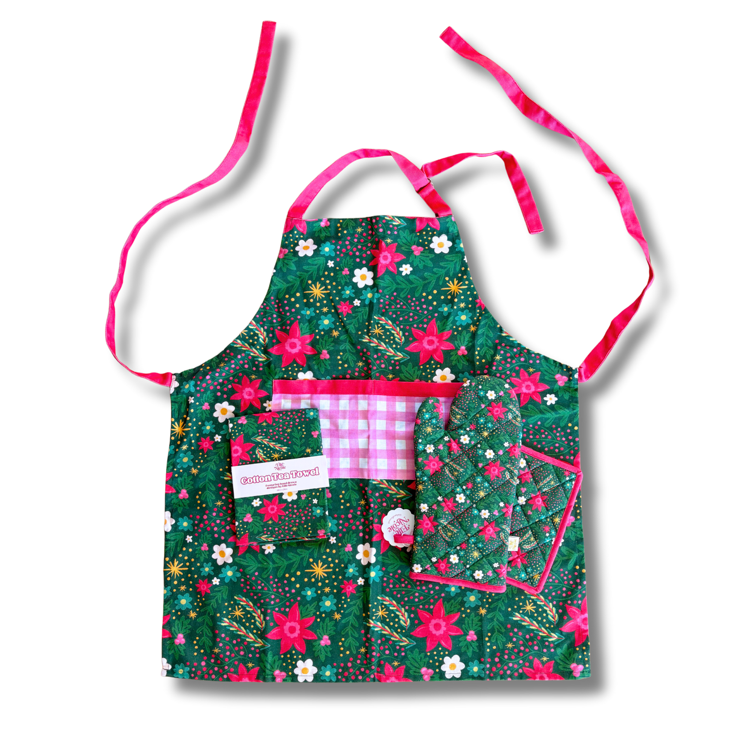 Oven Mitt + Pot holder Set - Holiday Poinsettia Print