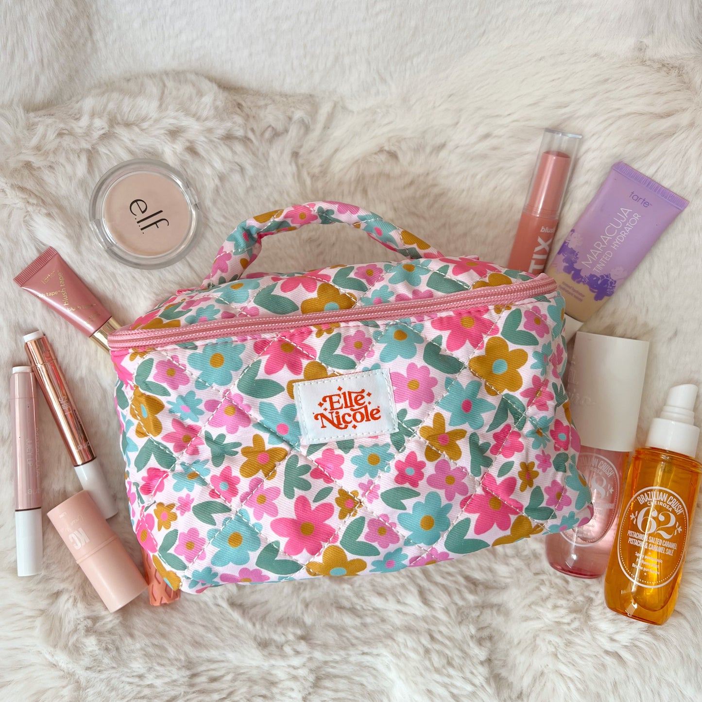 Quilted Handle Cosmetic Bag - Sage Bloom