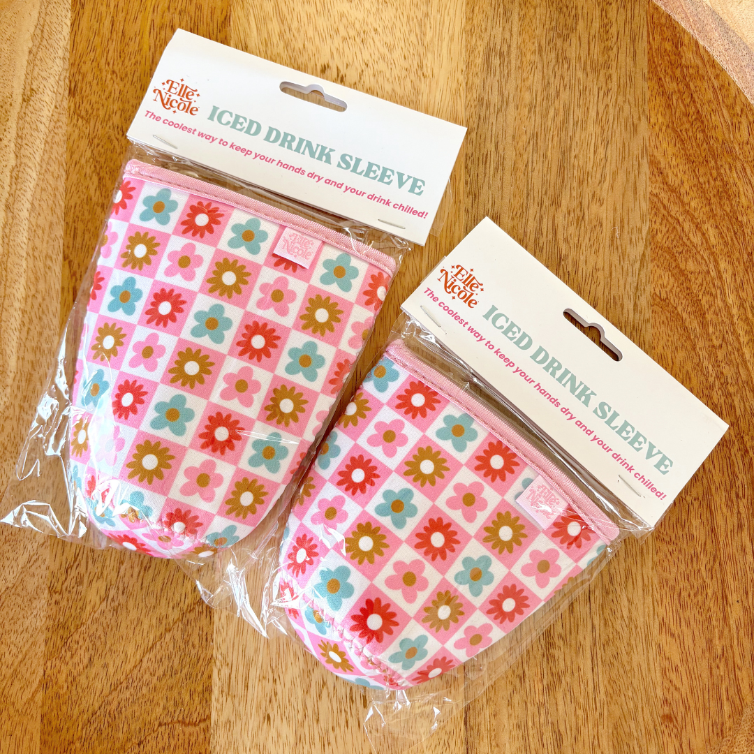 Coffee Cup Cover - Checkered Floral - Iced Drink Sleeve
