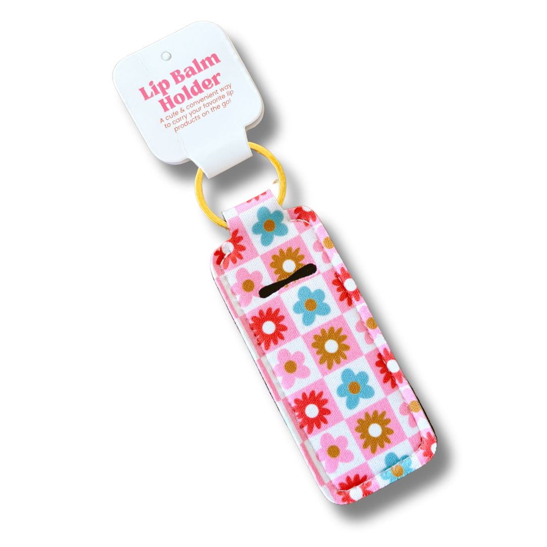 Lip Balm Keychain Holder - Checkered Floral