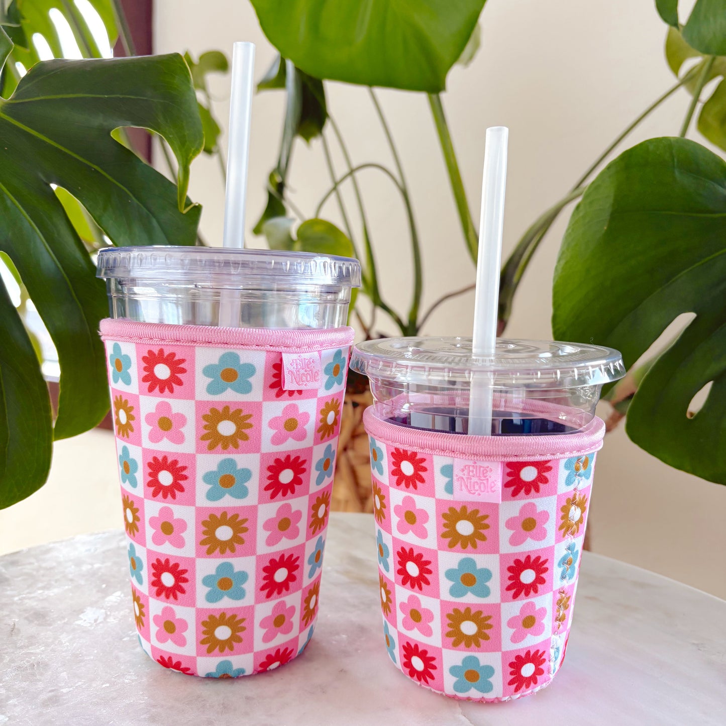 Coffee Cup Cover - Checkered Floral - Iced Drink Sleeve