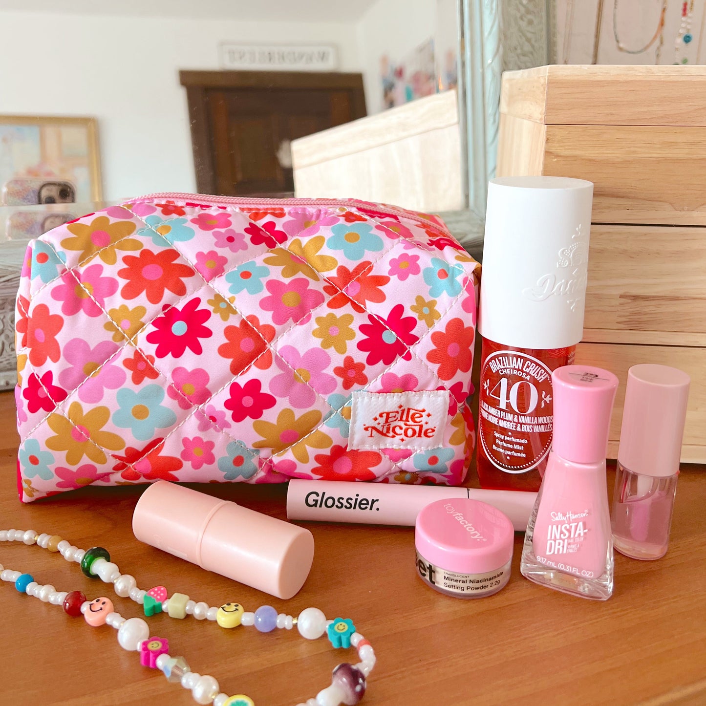 Quilted Cosmetic / Pencil Bag - Retro Florals