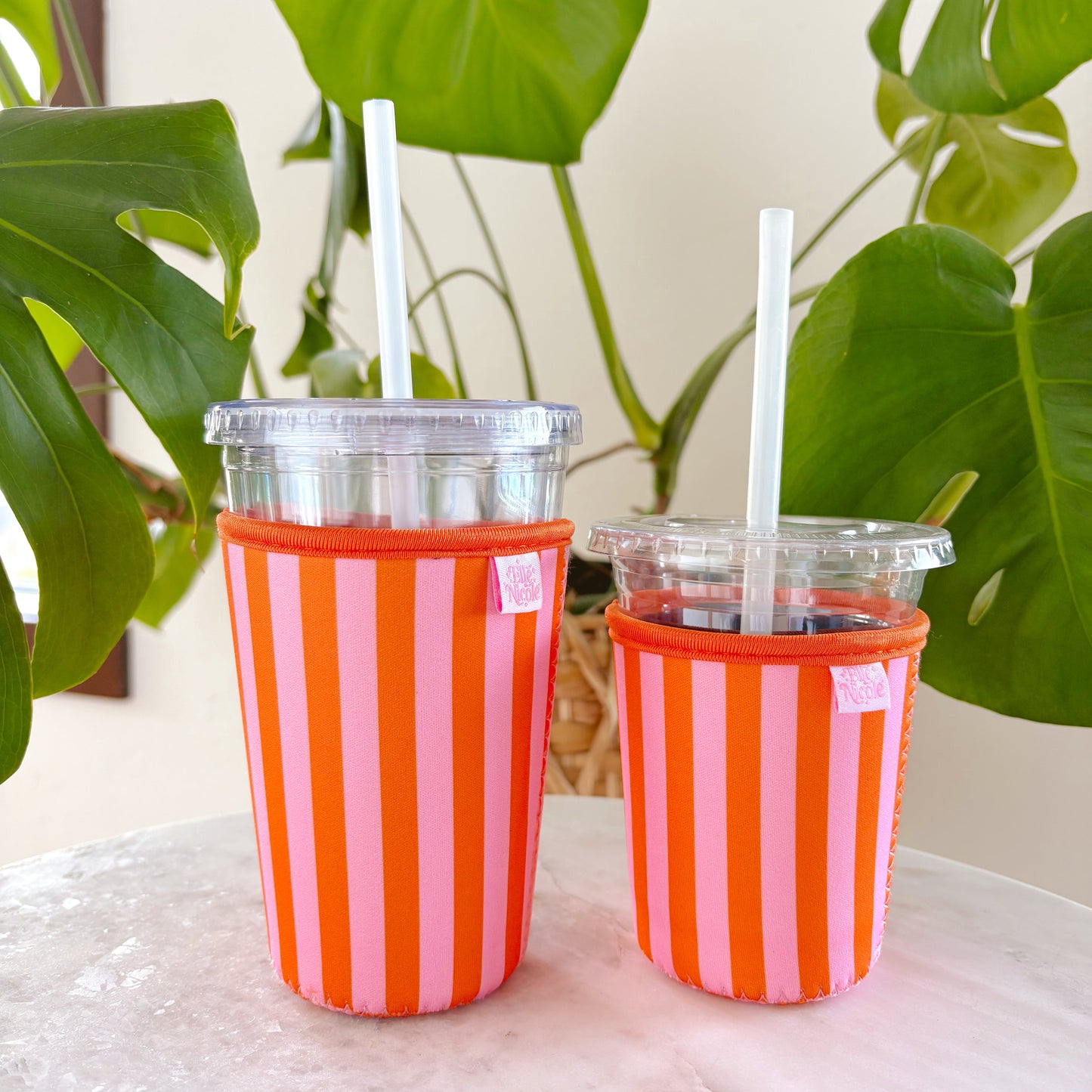 Coffee Cup Cover - Pink & Orange Stripes - Iced Drink Sleeve