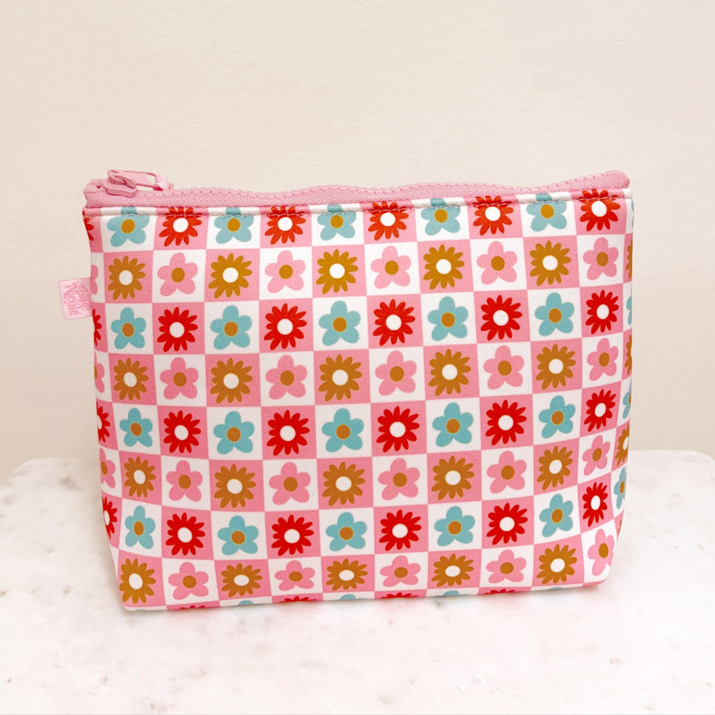 Cosmetic Bag With Wrist Strap - Checkered Floral