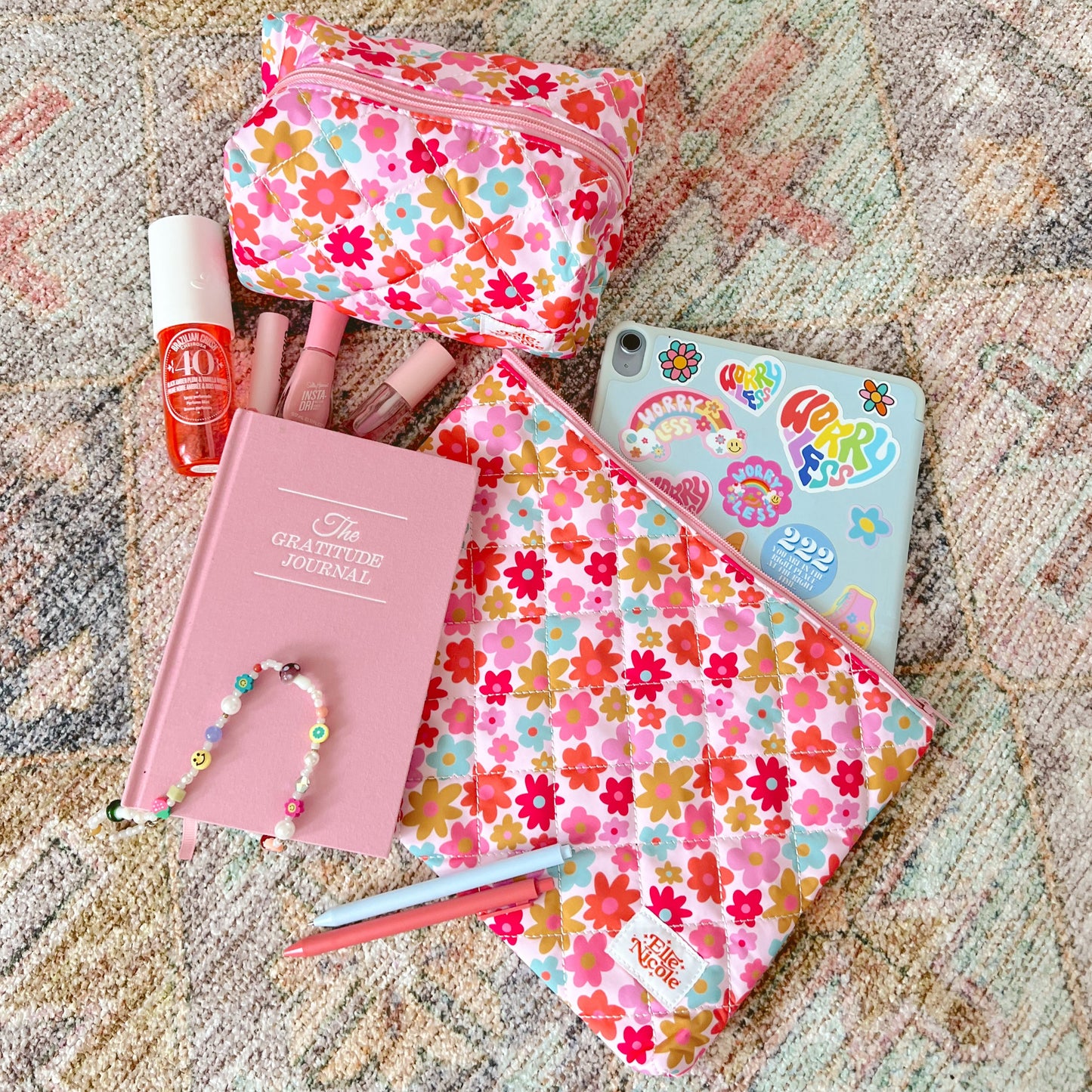 Quilted Cosmetic / Pencil Bag - Retro Florals