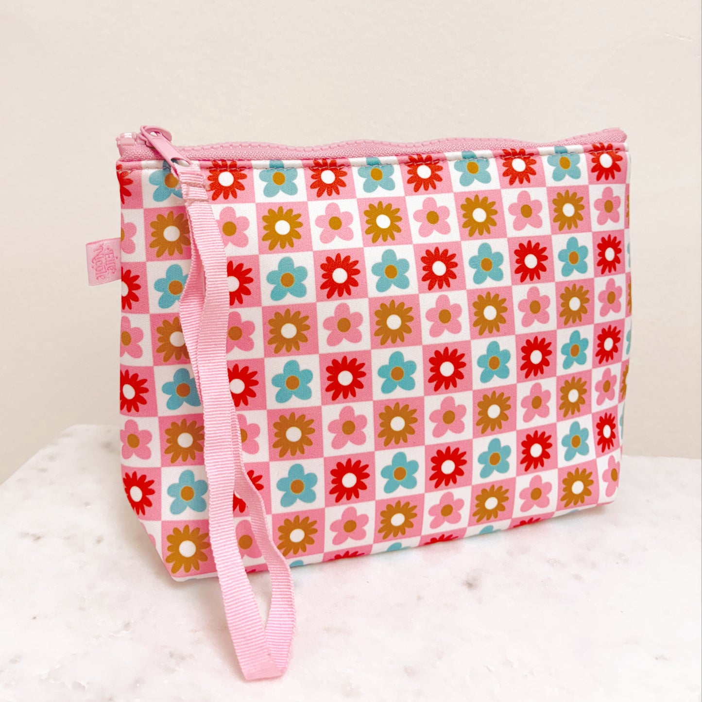 Cosmetic Bag With Wrist Strap - Checkered Floral