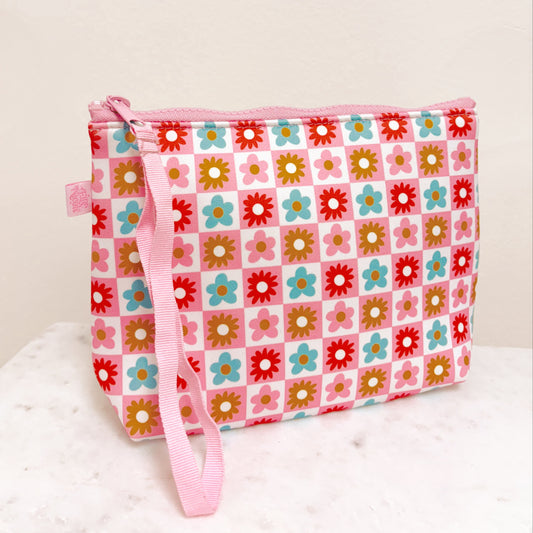 Cosmetic Bag With Wrist Strap - Checkered Floral