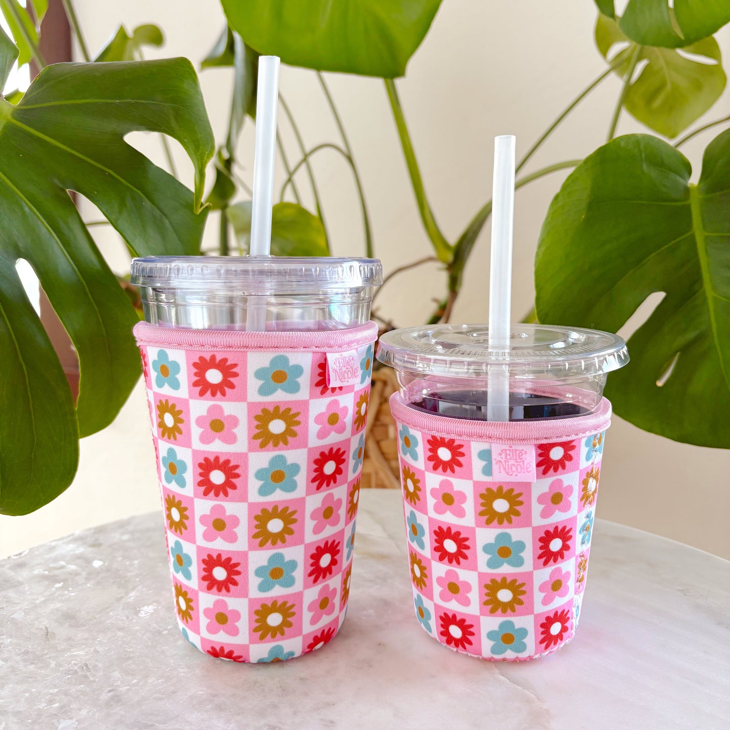 Coffee Cup Cover - Checkered Floral - Iced Drink Sleeve