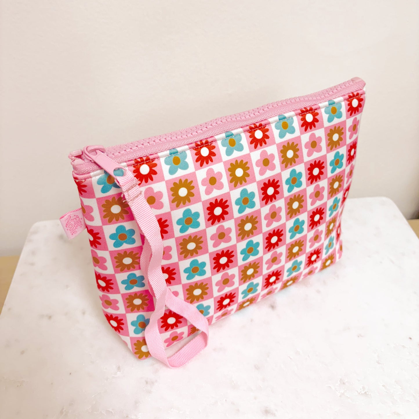 Cosmetic Bag With Wrist Strap - Checkered Floral