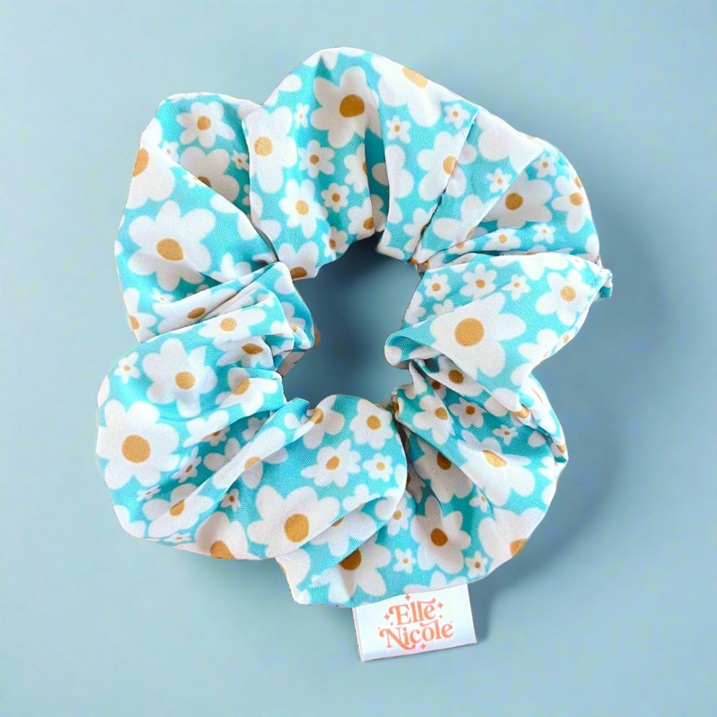 Scrunchie - Blue Daisy Pattern *new & improved extra soft fabric*