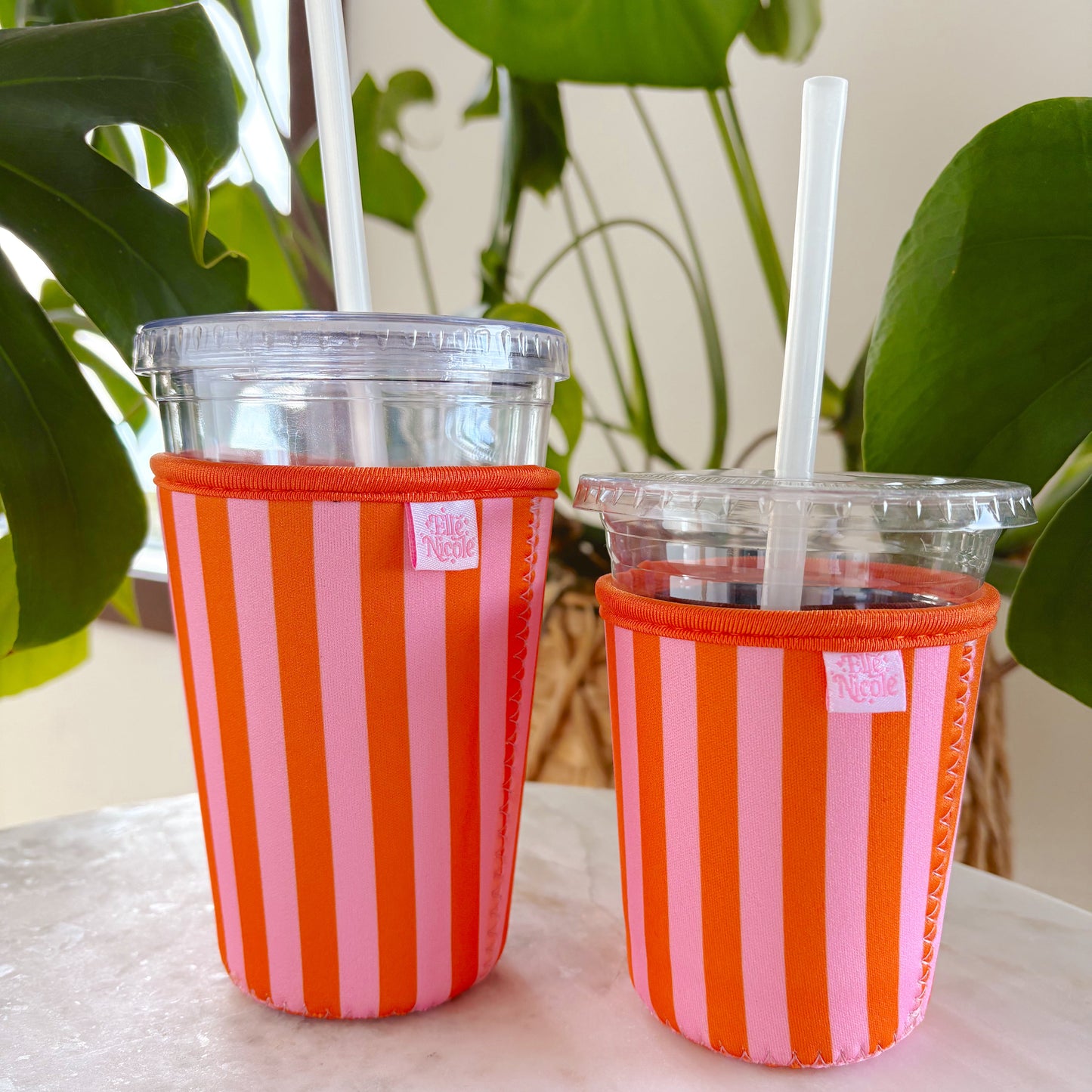 Coffee Cup Cover - Pink & Orange Stripes - Iced Drink Sleeve