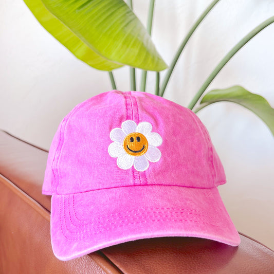 Flower Embroidery Washed Baseball Cap - Pink