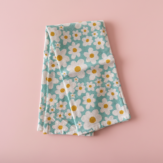 Cotton Waffle Weave Tea Towel - Blue Daisies