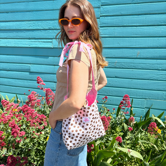 Bow Bucket Tote Bag - Brown Polka Dots