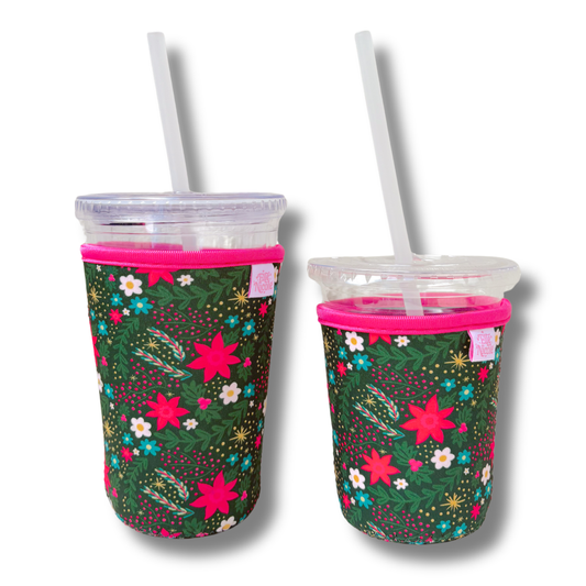 Coffee Cup Cover - Holiday Poinsettia Print- Iced Drink Sleeve