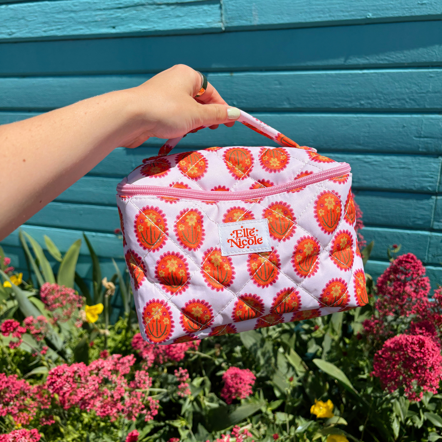 Quilted Handle Cosmetic Bag - Medallion Floral