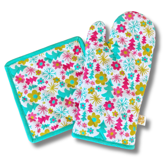 Oven Mitt + Pot holder Set - 1960s Christmas