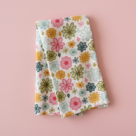 Cotton Waffle Weave Tea Towel - Watercolor Florals