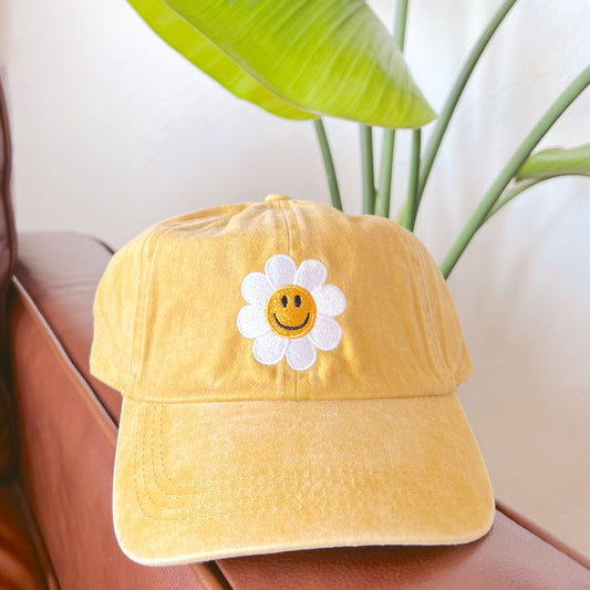 Flower Embroidery Washed Baseball Cap - Yellow