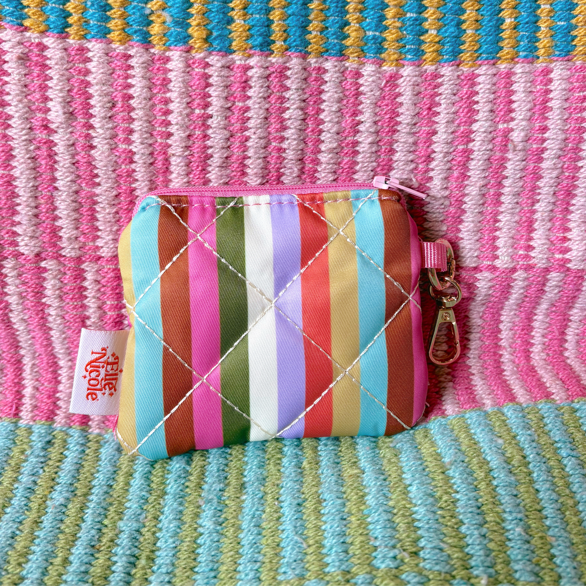 Quilted Coin Purse Keychain - Retro Rainbow Stripes