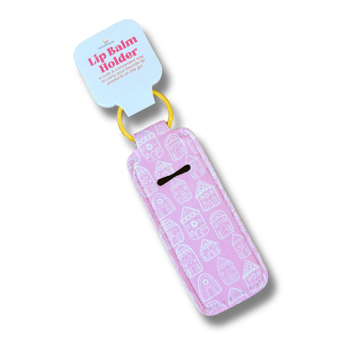 Lip Balm Keychain Holder - Pink Gingerbread Houses