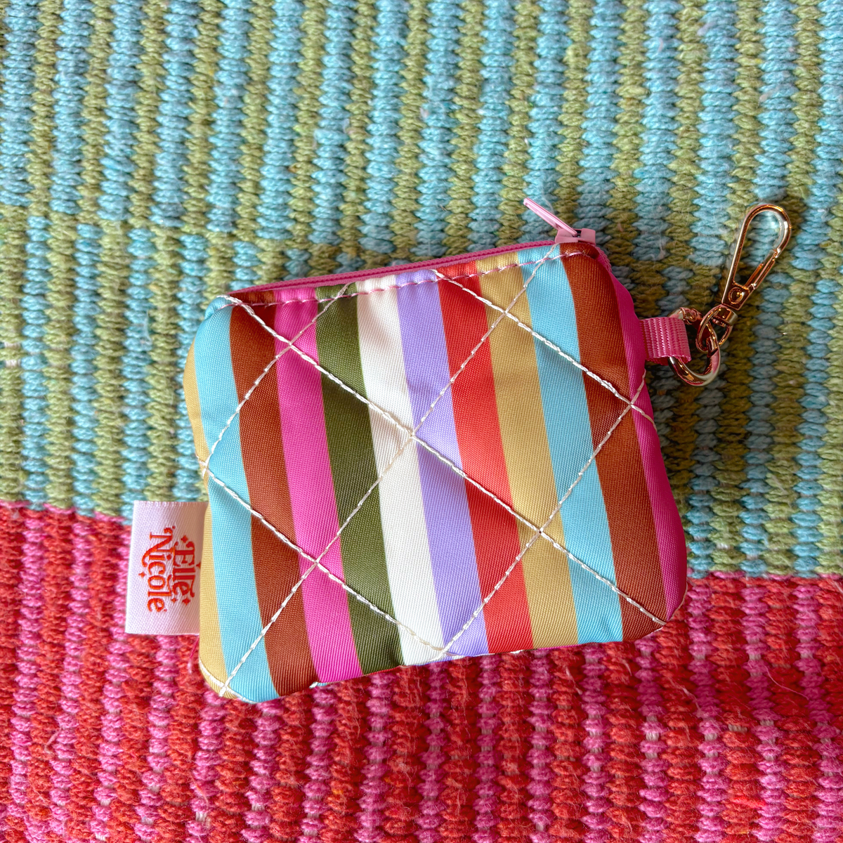 Quilted Coin Purse Keychain - Retro Rainbow Stripes