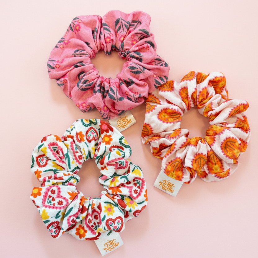 Scrunchie - Whimsy Floral Block Print *new & improved extra soft fabric*
