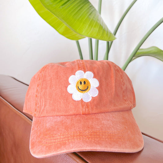 Flower Embroidery Washed Baseball Cap - Orange