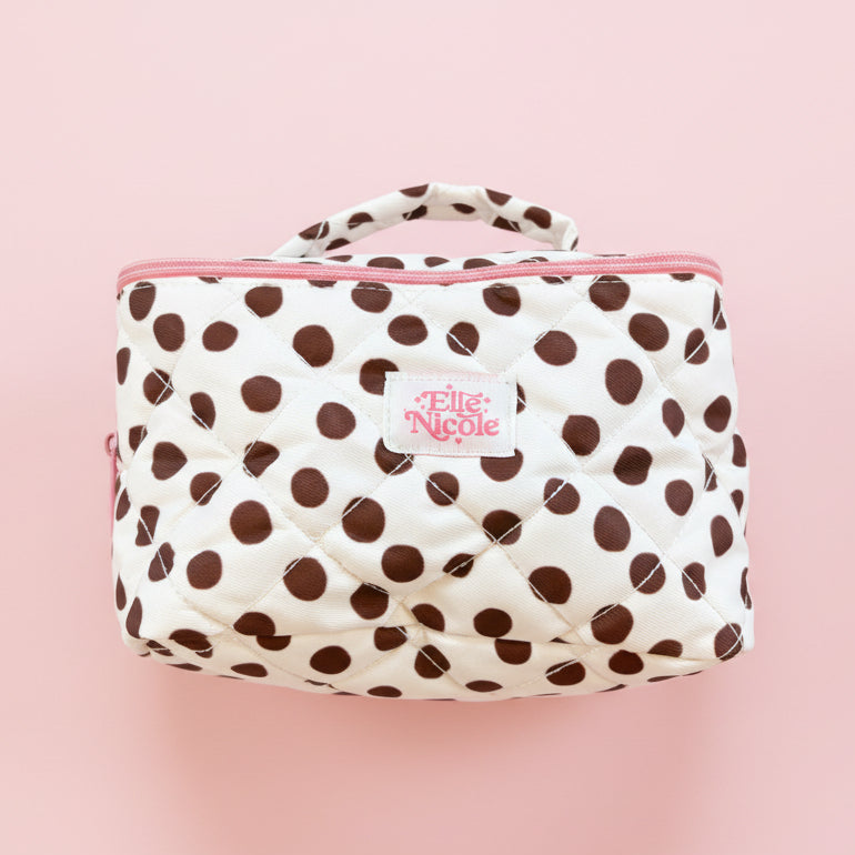 Quilted Handle Cosmetic Bag - Brown Polka Dots