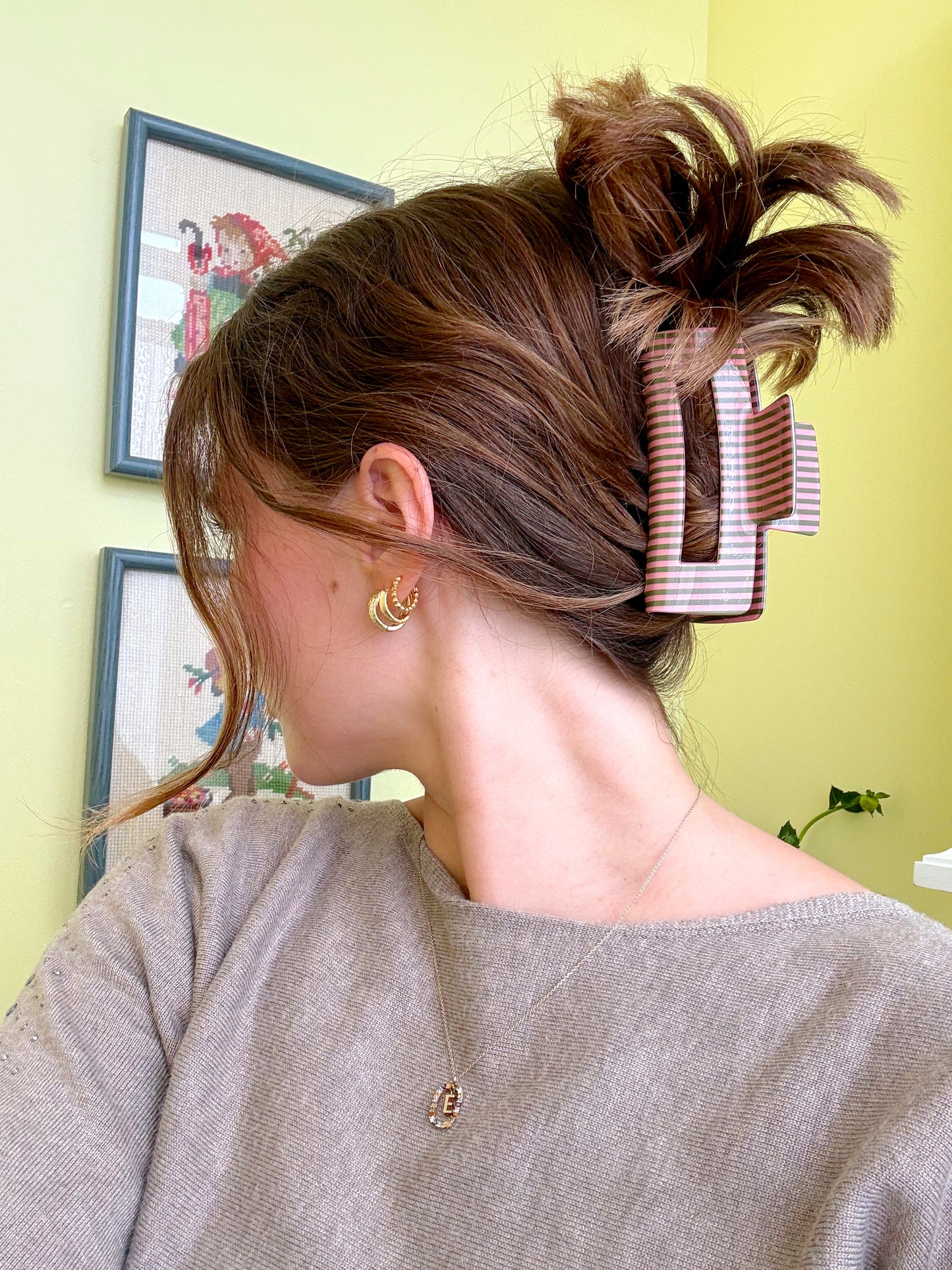 Hair Claw Clip - Pink & Green Stripes