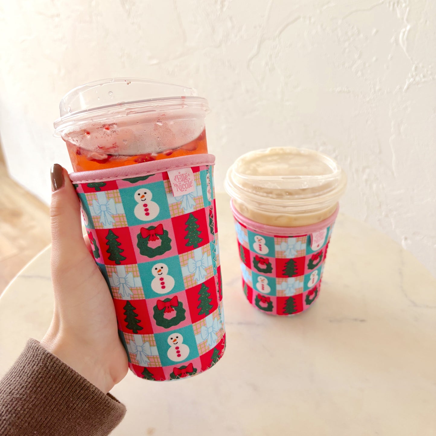 Coffee Cup Cover - Checkered Christmas - Iced Drink Sleeve