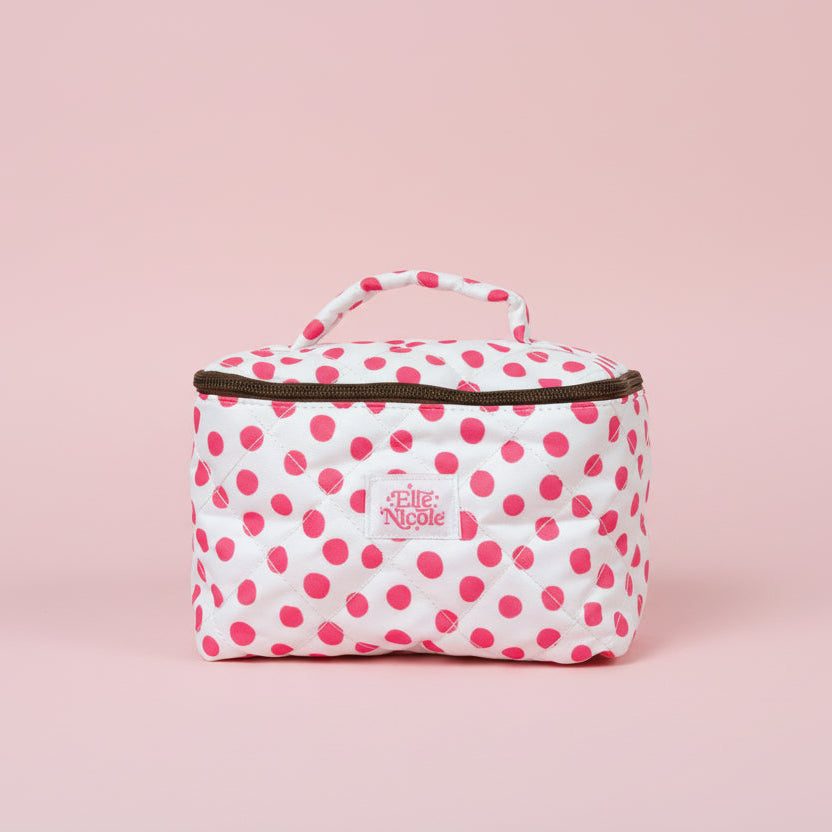 Quilted Handle Cosmetic Bag - Pink Polka Dots