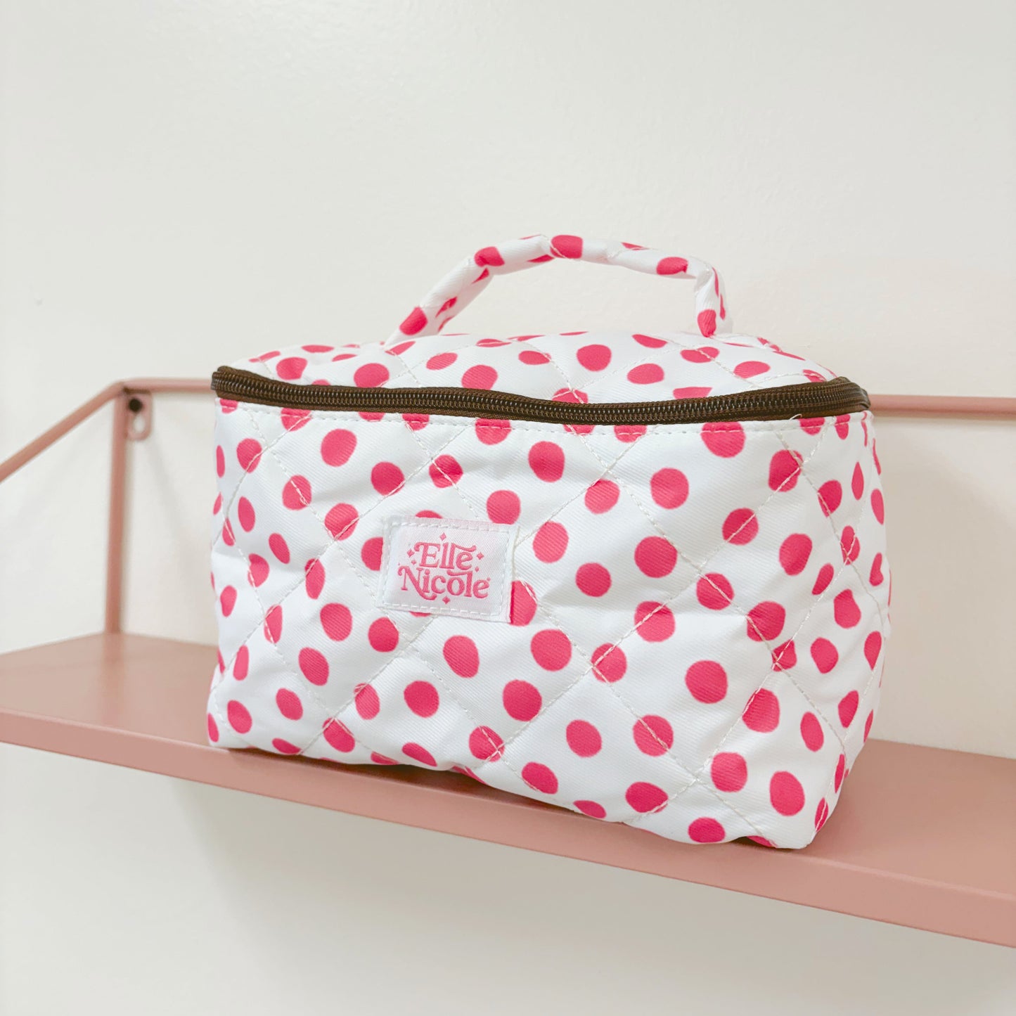 Quilted Handle Cosmetic Bag - Pink Polka Dots