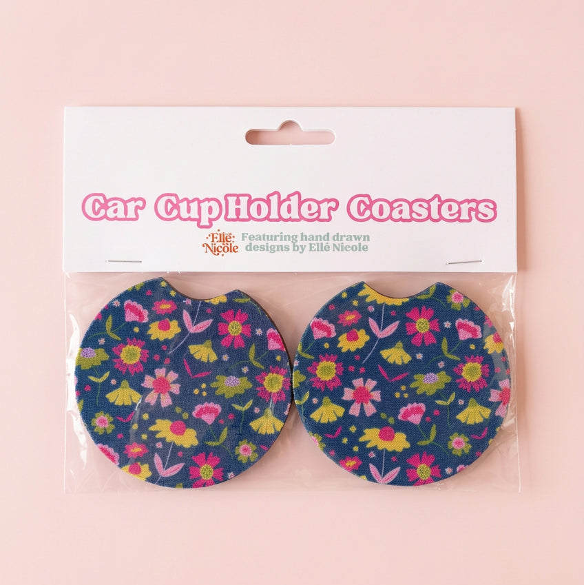 Car Cupholder Coasters - Midnight Summer Blooms