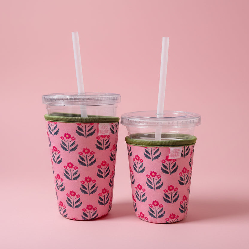 Coffee Cup Cover - Whimsy Floral Block Print - Iced Drink Sleeve