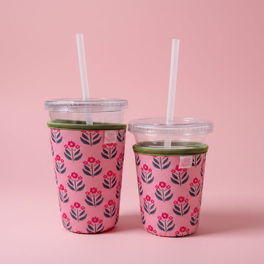 Coffee Cup Cover - Whimsy Floral Block Print - Iced Drink Sleeve