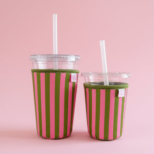 Coffee Cup Cover - Pink & Green Stripes - Iced Drink Sleeve
