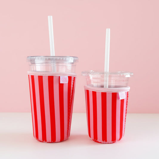 Coffee Cup Cover - Pink & Red Stripes - Iced Drink Sleeve