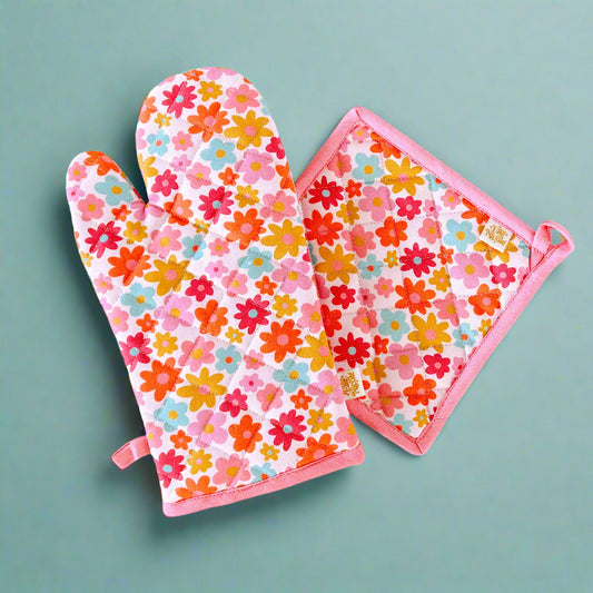 Oven Mitt + Pot holder Set - Retro Floral