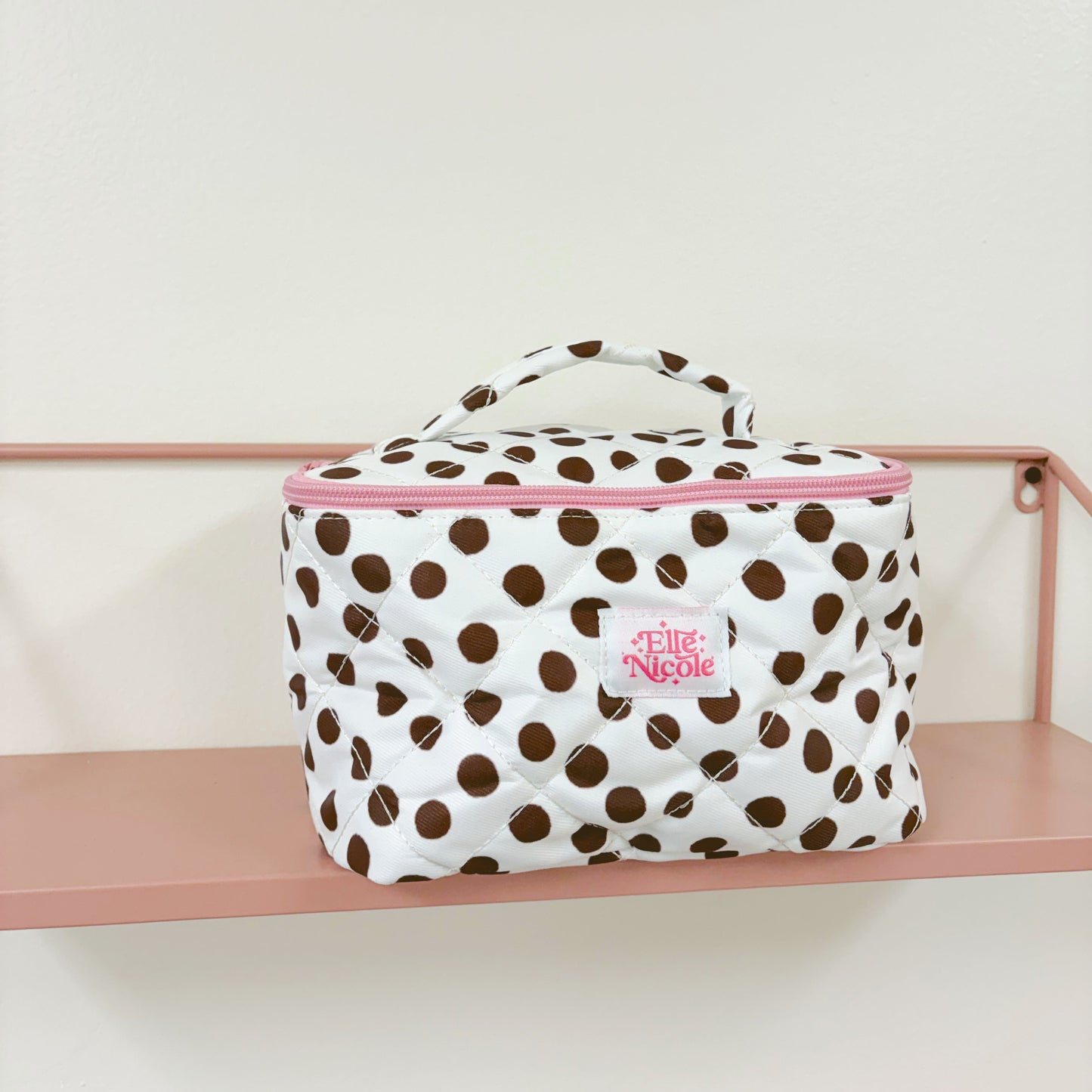 Quilted Handle Cosmetic Bag - Brown Polka Dots