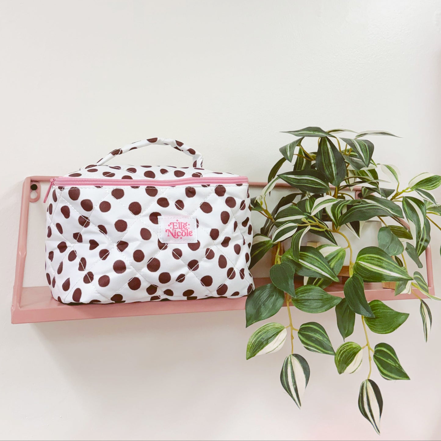 Quilted Handle Cosmetic Bag - Brown Polka Dots