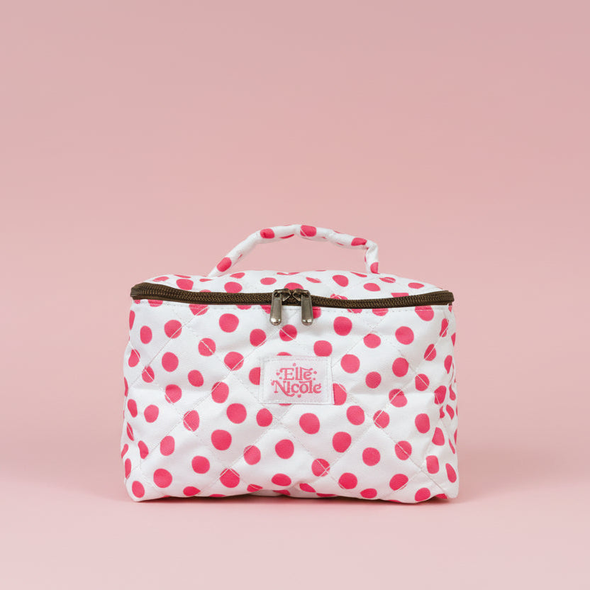 Quilted Handle Cosmetic Bag - Pink Polka Dots
