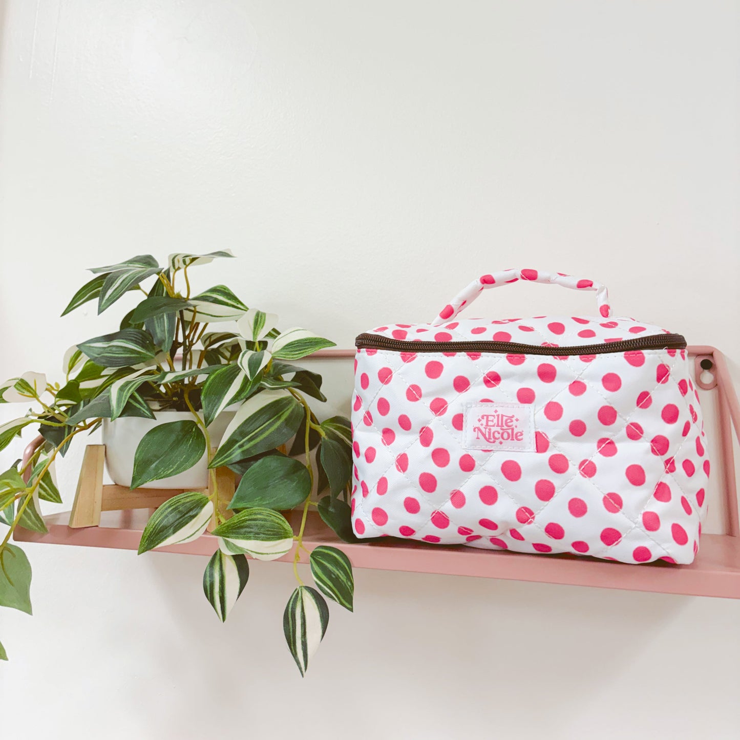 Quilted Handle Cosmetic Bag - Pink Polka Dots