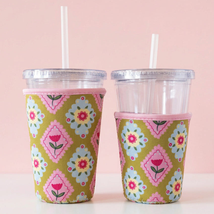 Coffee Cup Cover - Argyle Floral - Iced Drink Sleeve
