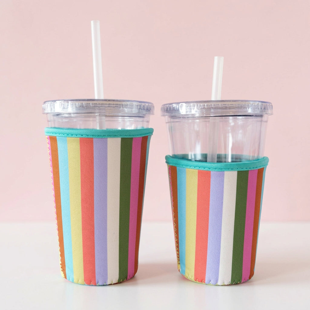 Coffee Cup Cover - Retro Rainbow Stripes - Iced Drink Sleeve